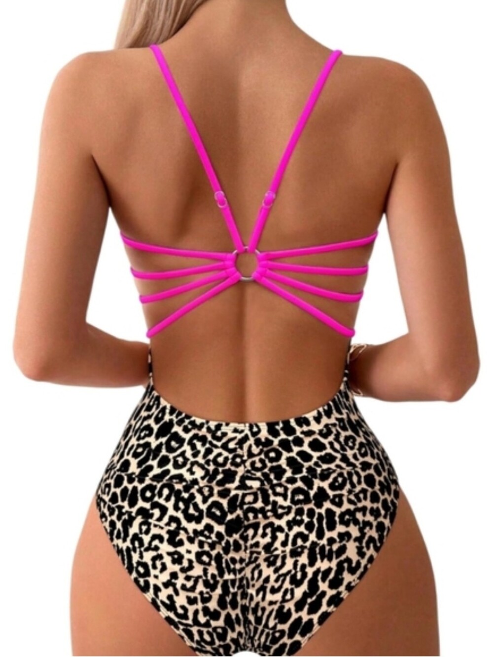 Leopard Print One Piece Bathing Suit Pink Strappy Backless Cut Outs Ring Linked - Picture 2 of 9